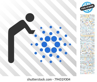 Person Rolling Cardano icon with 700 bonus bitcoin mining and blockchain graphic icons. Vector illustration style is flat iconic symbols design for cryptocurrency software.