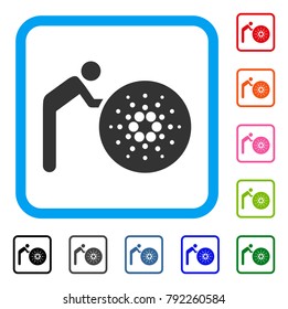 Person Rolling Cardano icon. Flat grey pictogram symbol inside a blue rounded rectangular frame. Black, grey, green, blue, red, pink color variants of person rolling cardano vector.