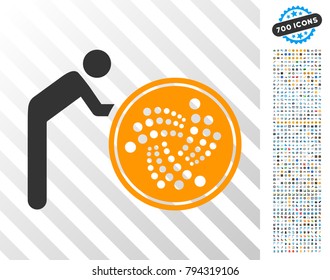 Person Rolling Iota Coin pictograph with 700 bonus bitcoin mining and blockchain icons. Vector illustration style is flat iconic symbols design for crypto-currency apps.