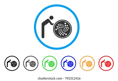 Person Rolling Iota Coin rounded icon. Style is a flat grey symbol inside light blue circle with bonus colored versions. Person Rolling Iota Coin vector designed for web and software interfaces.