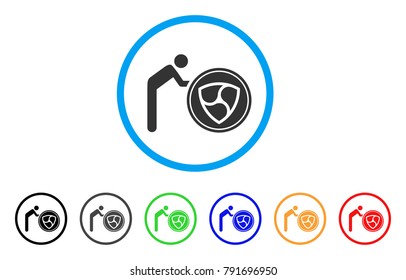 Person Rolling Nem Coin rounded icon. Style is a flat grey symbol inside light blue circle with additional colored versions. Person Rolling Nem Coin vector designed for web and software interfaces.