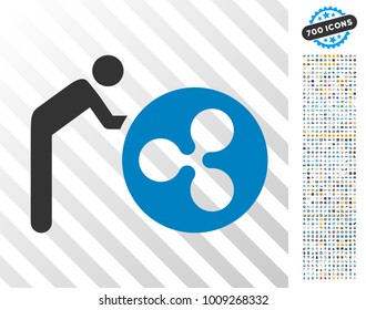 Person Rolling Ripple Coin pictograph with 7 hundred bonus bitcoin mining and blockchain icons. Vector illustration style is flat iconic symbols designed for bitcoin websites.
