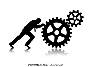 person rotates gear wheels