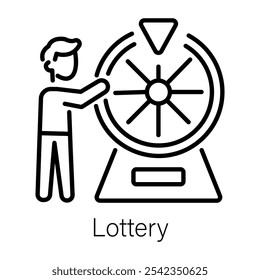 A person rotating a lottery wheel, line style icon 