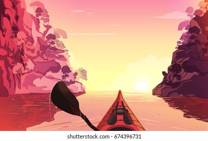 Person rowing on the river in kayak. Outdoor illustration. Sunset time.