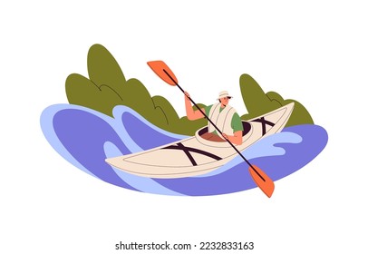 Person rowing with paddles, kayaking. Man with oars in canoe, rafting in river water on summer holidays. Solo kayaker sitting in rowboat. Flat vector illustration isolated on white background.