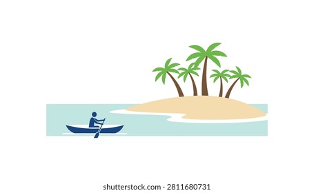 Person rowing a small boat towards a peaceful desert island featuring sandy shores and a cluster of green palm trees under clear skies.