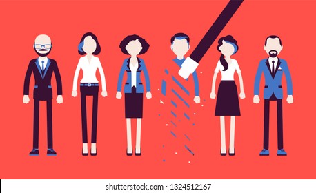 Person rubbed out and removed with eraser. Man obliterated from group of people, moved from business team, blocked in friends chat service, forbidden contacts. Vector illustration, faceless characters