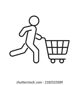 Person Run With Shopping Cart To Shop, Hurry On Sale, Line Icon. Fast Shopping, Delivery Sign. Vector Outline Illustration