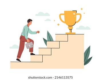 Person run to trophy. Employee trying to fulfill goals, motivation and leadership. Competitions, guy goes up stairs to golden cup. Path to target achievement. Cartoon flat vector illustration