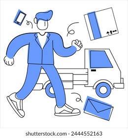 A person is running after a truck with a box, an envelope, and a smartphone floating around them. (shipping concepts)