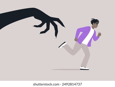 A person is running away from a large, clawed hand, which appears to be reaching out from a shadow