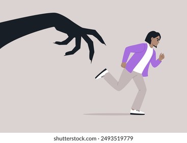 A person is running away from a large, clawed hand, which appears to be reaching out from a shadow