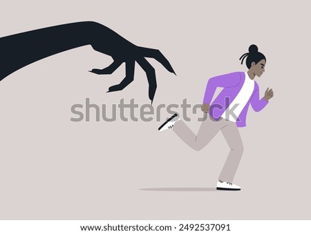 A person is running away from a large, clawed hand, which appears to be reaching out from a shadow