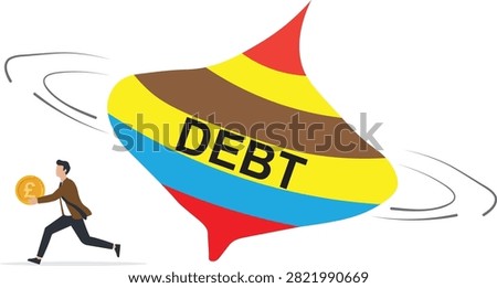 Person running away from a spinning giant DEBT top vector illustration