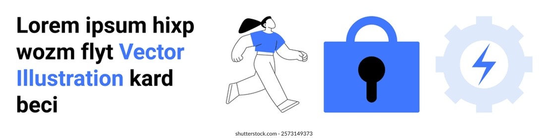 A person running beside a blue lock symbol and a gear with a lightning bolt. Ideal for technology, digital security, user protection, online platforms, and cybersecurity awareness. Banner for landing