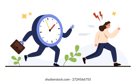 Persona corriendo del reloj que simboliza la presión de la fecha límite, los desafíos de la gestión del tiempo, la urgencia del negocio, la lucha de la productividad y el estrés en el lugar de trabajo aislado en la Ilustración vectorial de fondo blanco