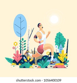 person running in a colorful forest, vector background