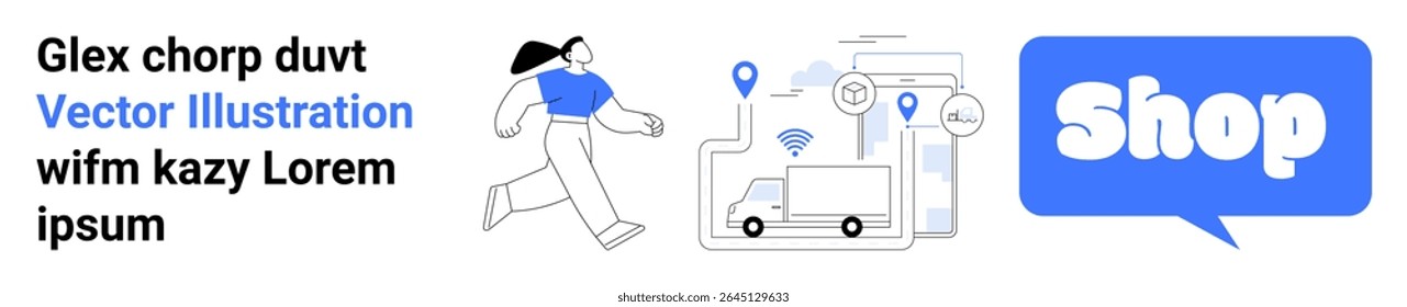 Person running, delivery truck with location pins, and shop speech bubble. Ideal for online shopping, delivery services, e-commerce, logistics, and retail promotions. Banner for landing page