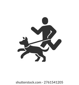 Person running with dog icon. Jogging and walking dog outdoor activity concept. Monochrome black and white symbol