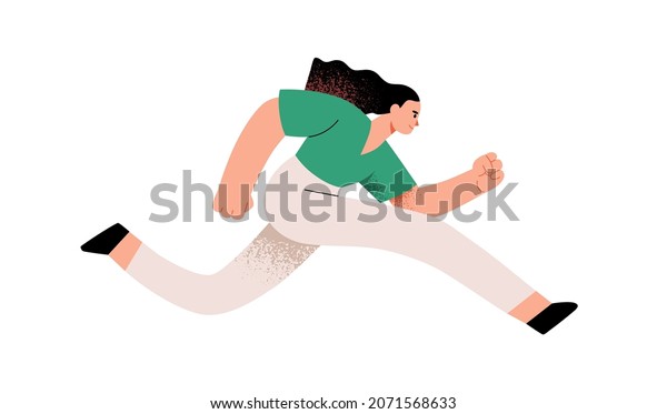 Person running fast and rushing. Life hurry\
concept. Woman runner with determined aim and ambition moving\
forward with strong efforts to succeed. Flat vector illustration\
isolated on white\
background