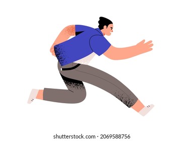 Person Running At Fast Speed, Hurrying And Rushing In Life Race. Concept Of Aspirations And Challenges. Man Moving Forward With All Might. Colored Flat Vector Illustration Isolated On White Background