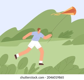 Person running forward with air kite flying, holding it with string, enjoying game with wind. Happy free man playing outdoors in nature in summer. Catching luck concept. Flat vector illustration