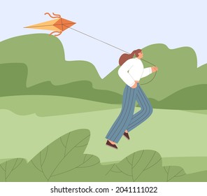 Person running forward with flying air kite, playing with joy and ease outdoors in nature. Happy free woman holding it with string and fly to sky. Freedom concept. Flat vector illustration