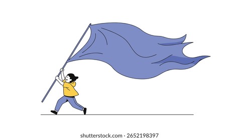 Person running forward waving a large blue flag showing determination and progress