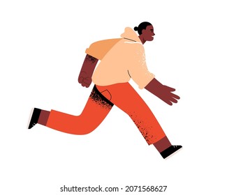 Person running, hurrying and rushing forward to aims and aspirations to succeed in life race. Fast lifestyle concept. Active man runner in motion. Flat vector illustration isolated on white background