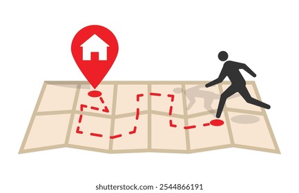 A person running on a map towards a red pin representing a home location. Navigation concept illustration