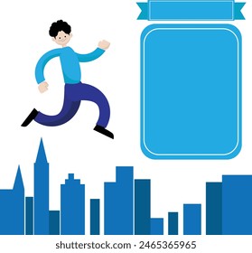 A person  running on the rooftop of a tall building with space text label. 