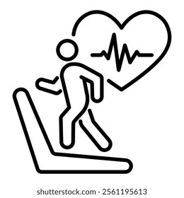 A person running on a treadmill, accompanied by a heartbeat symbol, representing fitness, health, and personal endurance round line vector icon with editable stroke