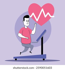 Person running on treadmill while monitoring his heart rate. Focus on health and fitness through exercise and heart health awareness concept