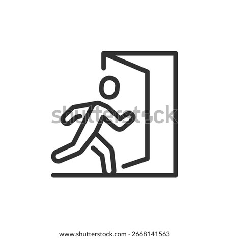 Person running out of door, linear icon. Emergency exit or evacuation route. Line with editable stroke.
