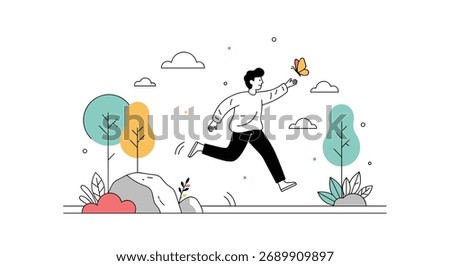 A person running in a park trying to catch a butterfly.