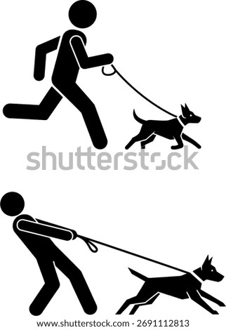 Person Running and Pulling Dog on Leash Icon Set
