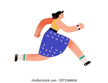 Person running, rushing and hurrying. Aspirations and fast lifestyle concept. Ambitious woman making efforts to succeed in life and achieve aims. Flat vector illustration isolated on white background