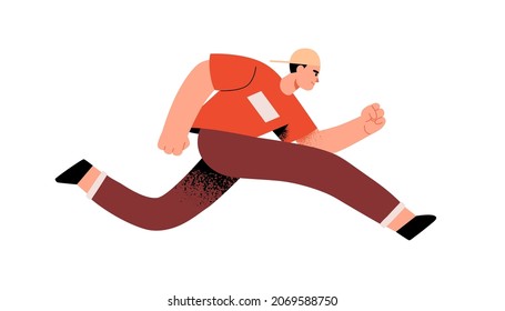 Person running, rushing and trying to succeed in life challenges. Aspirations and fast lifestyle concept. Determined man pushing forward to aim. Flat vector illustration isolated on white background