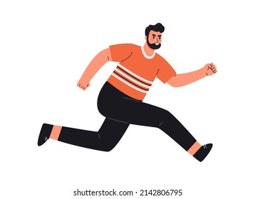 Person running, rushing and trying to succeed in life challenges. Aspirations and fast lifestyle concept. Determined man pushing forward to aim. Flat vector illustration isolated on white background
