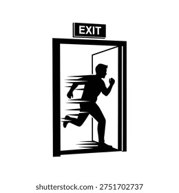 A person running through an open exit door with motion blur. Vector
