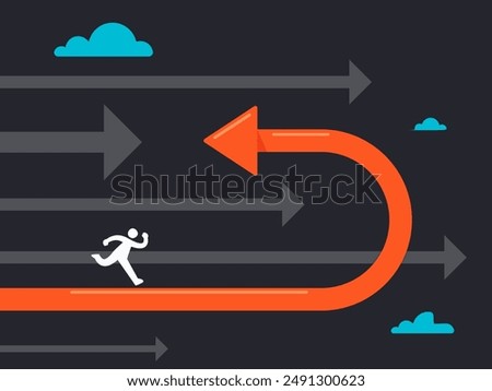 A person is running through the way that turning back. Isolated Vector Illustration