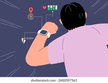 A person running while tracking their steps heart rate and energy levels on a smartwatch in a digital interface