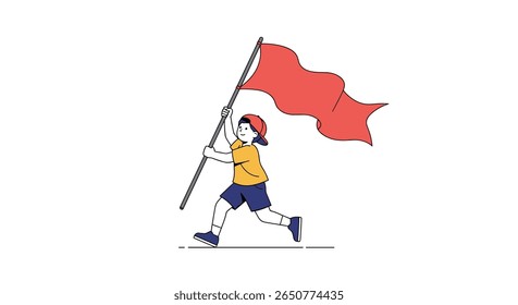 A person runs holding a red flag during a protest or demonstration