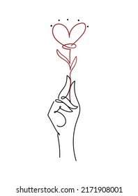 a person s hand holds a flower in the shape of a heart, a sketch with a continuing line. The concept of romantic relationships, ecology and protection of the planet, care for nature, family and