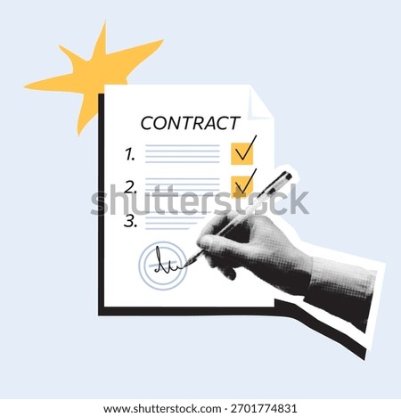 A person s hand signing a contract with a pen. Modern vector collage in halftone. Business agreement and document design concept for banners, posters, and other design projects.