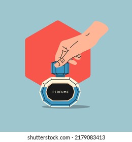 A person s hands open a perfume bottle. Isolated illustration on a light background. Template for the design.