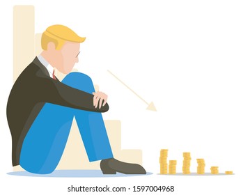 A person is sad because of a decline in income. Vector stock illustration.