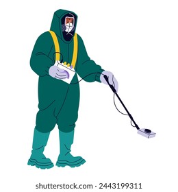 Person in safety suit measures pollution by nuclear radiation with equipment. Worker in respirator from dangerous, hazardous, radioactive air. Flat isolated vector illustration on white background