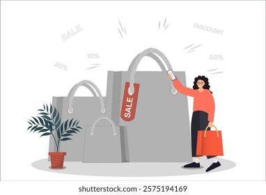 Person sanding near big shopping bags, buying online, discount concept, online shopping concept, flat vector illustration